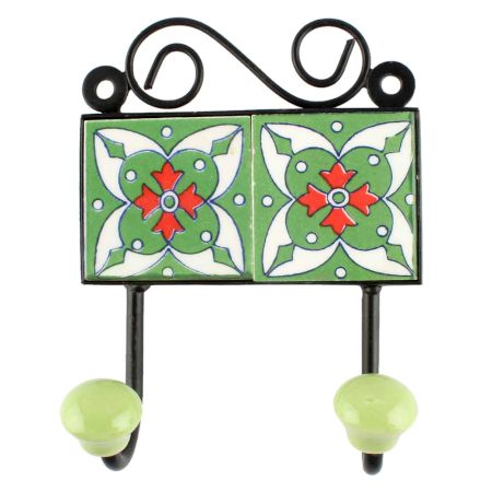 Green Floral Ceramic Tile Hook